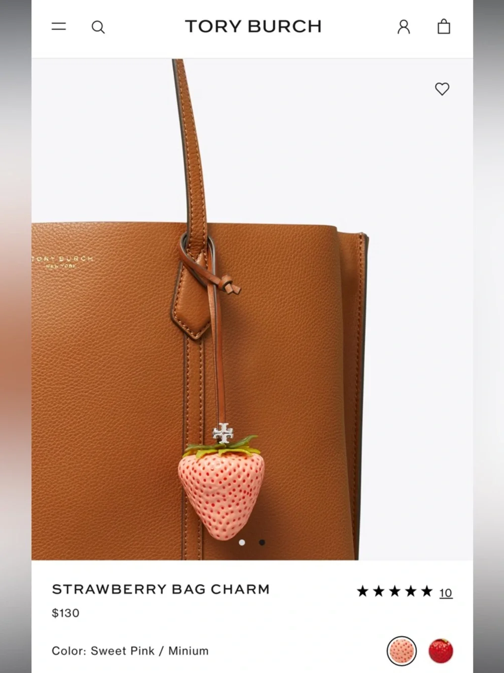Tory Burch Pink Strawberry Bag Charm with Brown Strap